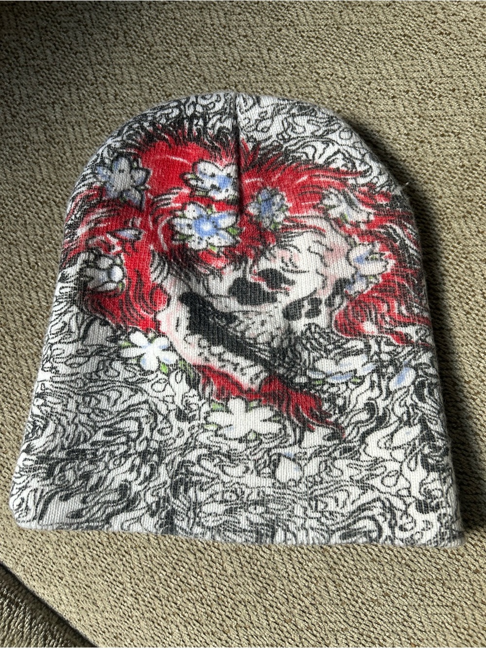 Men’s Floral Skull Beanie Hat - Red & White & Black Edgy Graphic Biker Grunge